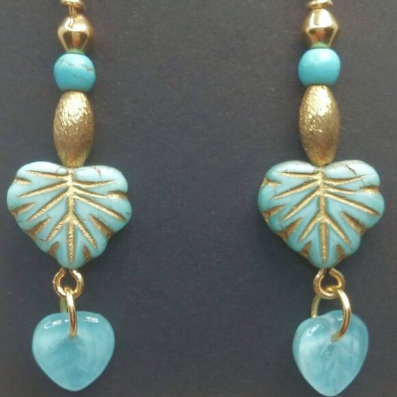 Czech Glass Leaf Earrings Artisan Made Dangle Gold Blue Beaded Accents NEW - Picture 6 of 8